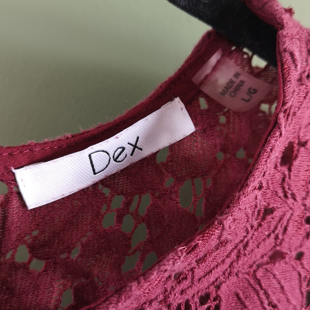 Dex Maroon Lace Top & Sleeve Ladder Back Flowy Short Sleeve Blouse Sz L - Picture 8 of 11
